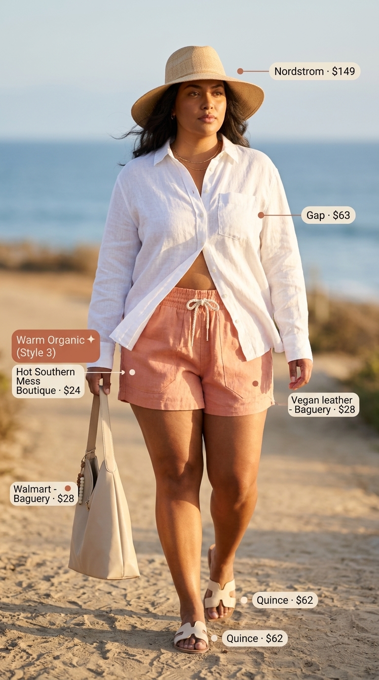 Plus size summer outfits for women 2026: Relaxed soft peach linen shorts with oversized white linen shirt and leather slides for casual errands.