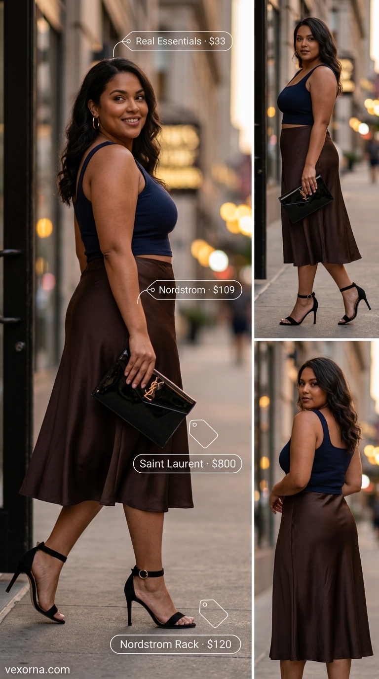 Plus size summer outfits for women 2026: Burgundy midi skirt, black crop top, heeled sandals.