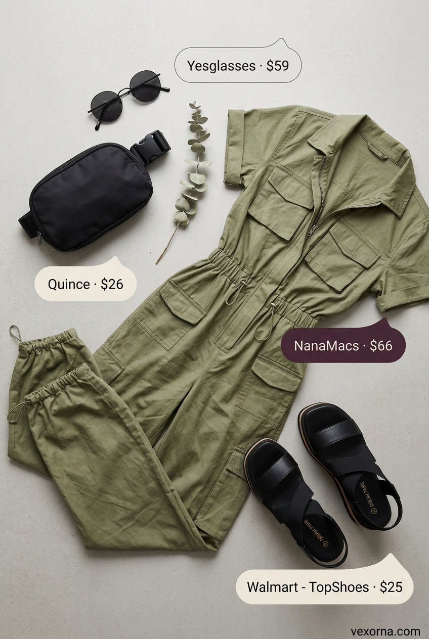Plus size summer outfits for women 2026: Utilitarian olive green jumpsuit with black platform sandals and belt bag for a stylish daytime outing.