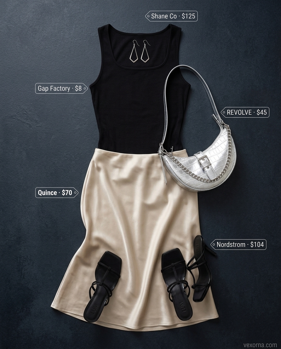 Plus size summer outfits for women 2026: Chic champagne satin midi skirt with black knit top and heeled mules for a dinner date.