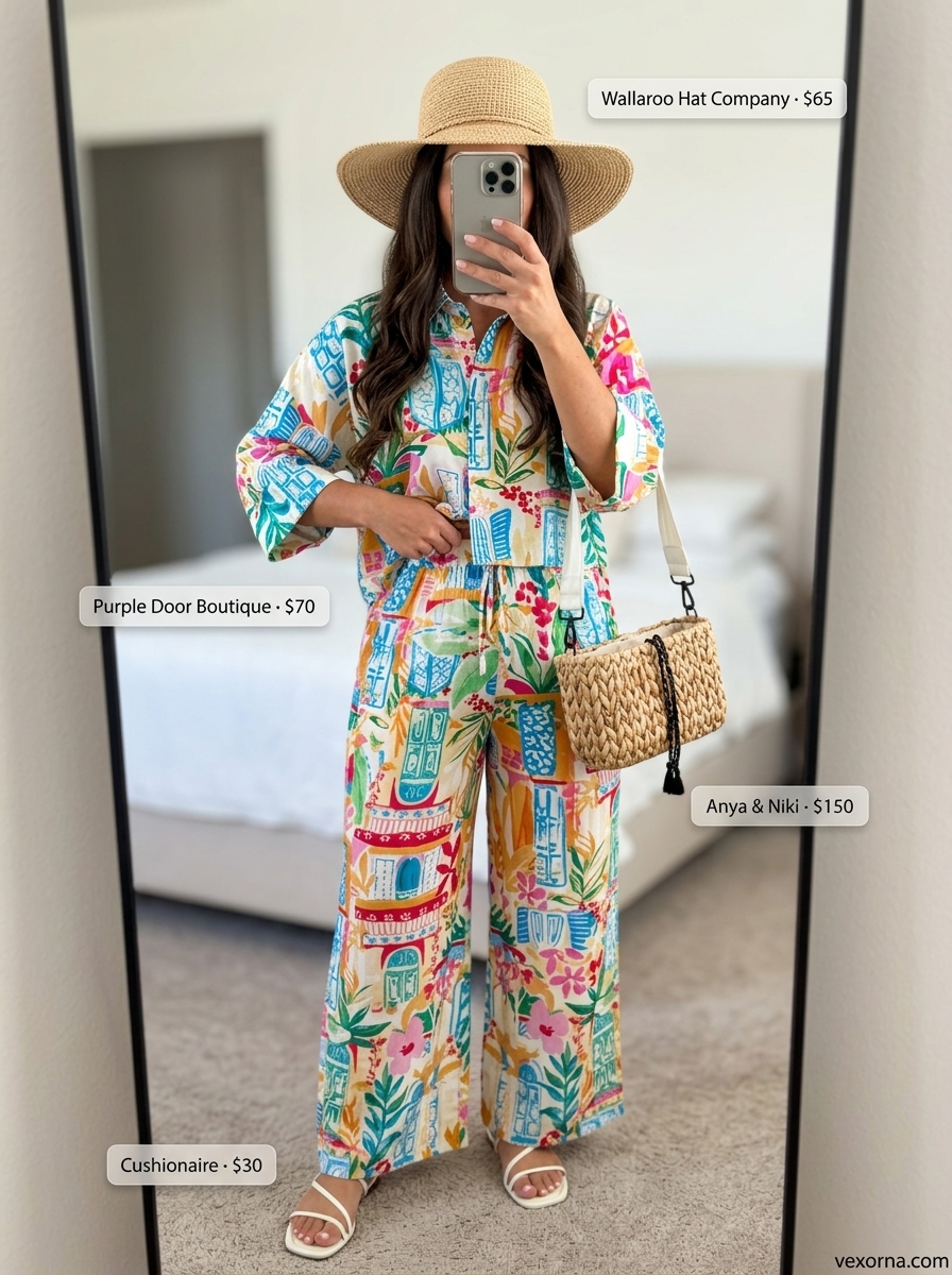 Plus size summer outfits for women 2026: Tropical print two-piece set, straw tote, flat sandals.