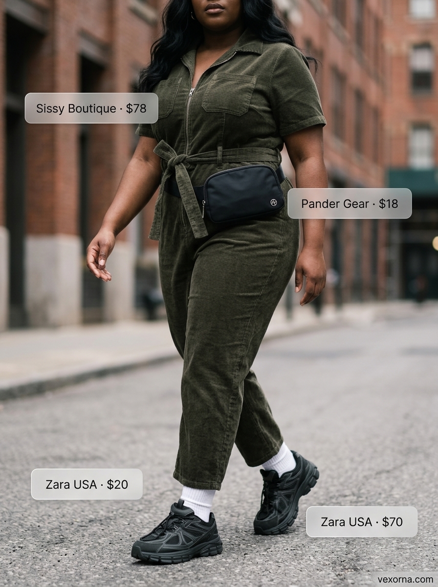 Plus size summer outfits for women 2026: Olive green utility jumpsuit, white socks, black sneakers.