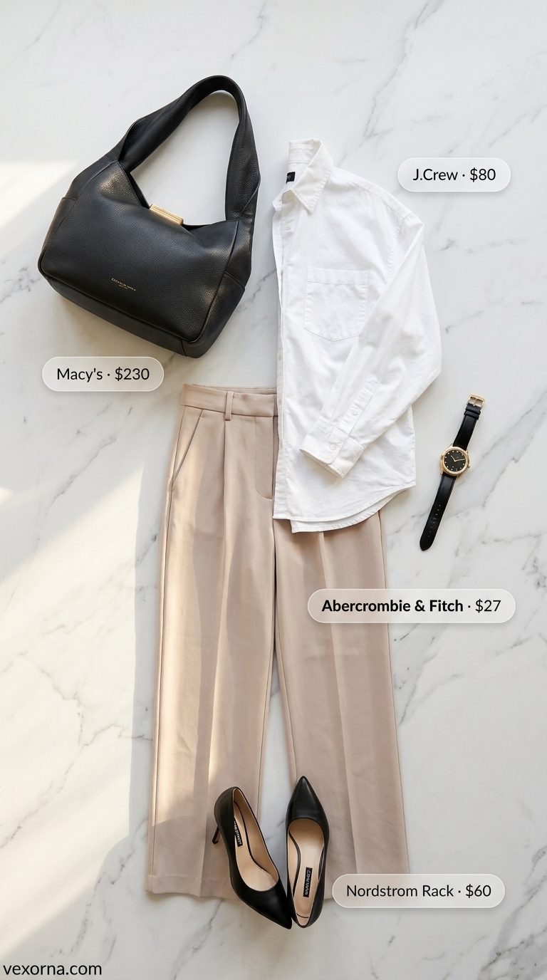 Plus size summer outfits for women 2026: White shirt, beige trousers, black heels, leather bag.