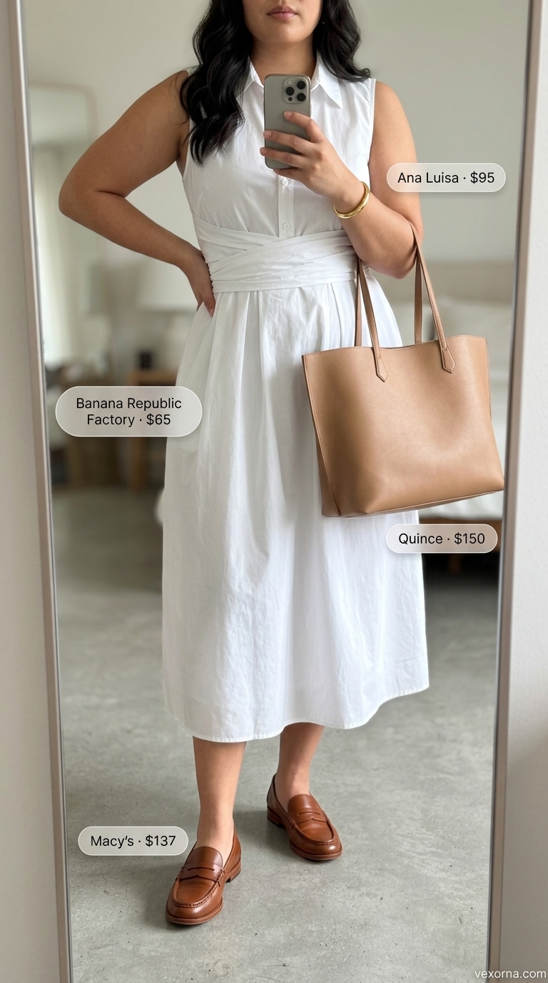 Plus size summer outfits for women 2026: Minimalist white shirtdress with camel loafers and tote bag for a polished casual day out.