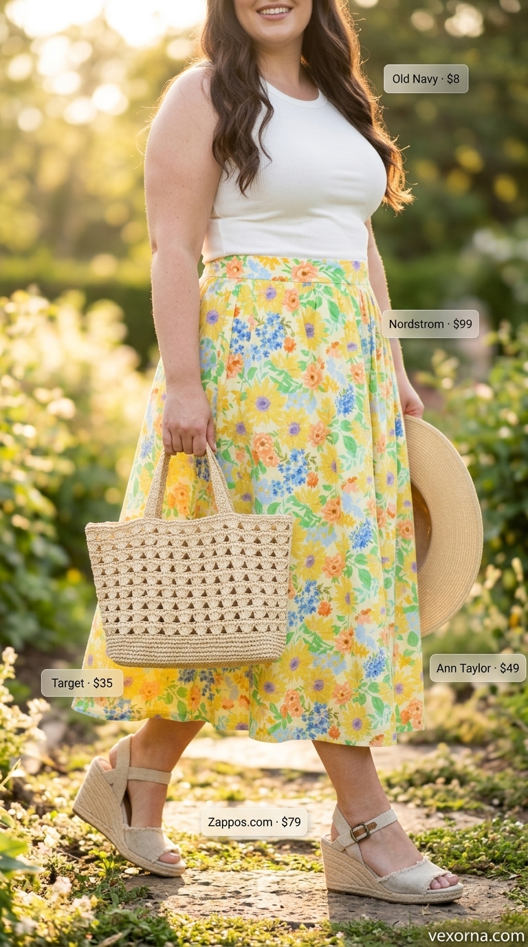 Plus size summer outfits for women 2026: Cheerful yellow floral midi skirt with white tank top, espadrilles, and straw hat for a sunny picnic.