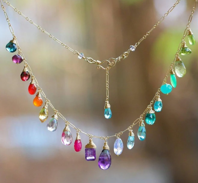 accessory 14K Solid Gold Multi Gemstone Necklace Valltasy $1873