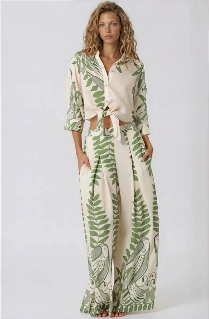 matching set Aakaa Cropped Tropical Shirt and Pants Set The Salient Collection $92