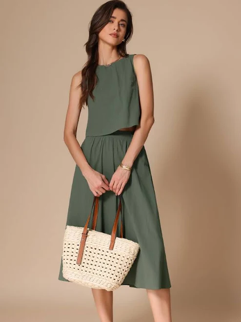 matching set Allegra K Sleeveless Cropped Cotton Top & Midi A-Line Skirt Set Allegra K $52.99