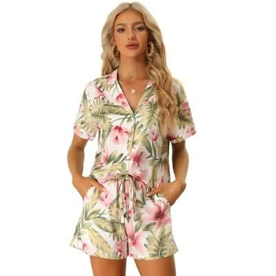 matching set Allegra K Women's Floral Hawaiian Button Down Shirt and Short Set Target $31.19