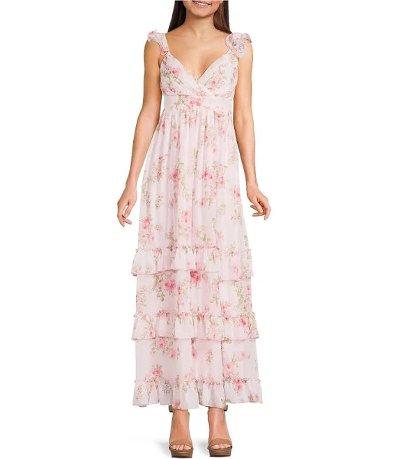 dress Allison Kelly Floral Printed V-Neck Tiered Ruffle Maxi Dress Dillard's $79