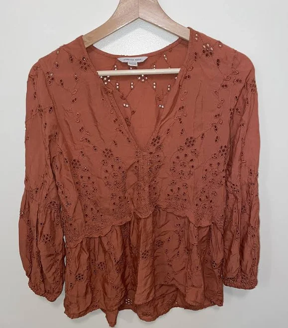 blouses American Eagle Terracotta Brown Eyelet Peasant Boho Blouse Viscose Sz eBay - cutethriftstorefinds $17.99