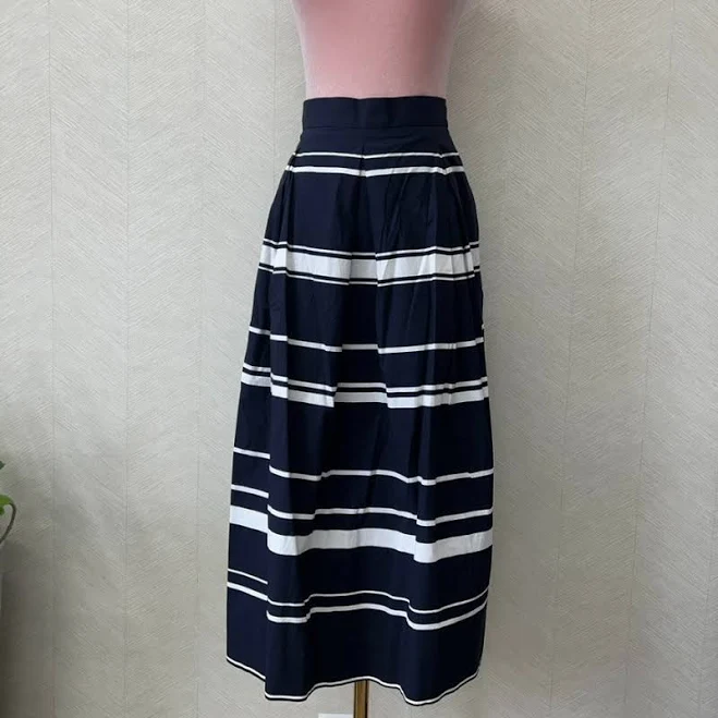 skirt Ann Taylor Pleated Coastal Navy White Striped A-line Midi Skirt Womens eBay $32.99