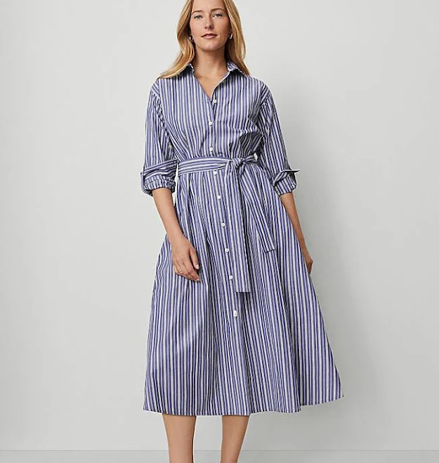 dress Ann Taylor Striped Collared Midi Shirtdress Size 14 Shaded Periwinkle Women's Ann Taylor $65.93