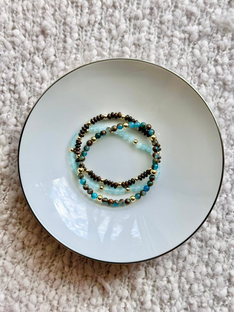 accessory Aqua + Brown in Gold (3-stack) lucyandlolagemcreations.com $30