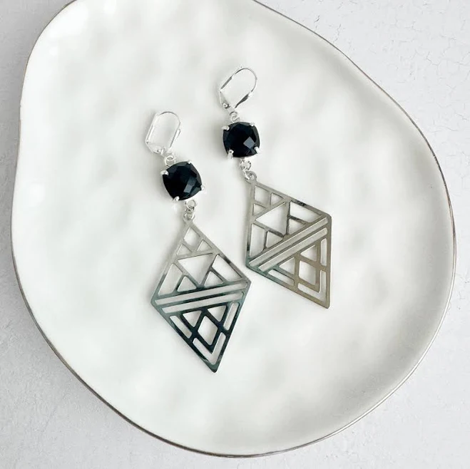 accessory Art Deco Geometric Black Onyx Silver Earrings RusticGemJewelry $40