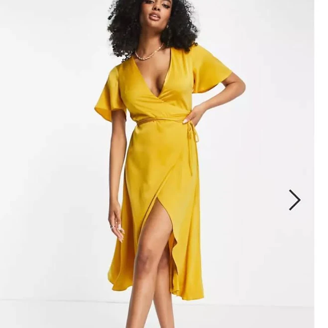 dress Asos Dresses | Mustard Yellow Silky Satin Wrap Midi Dress, Tie Waist, Flutter Sleeve, High Slit | Color: Gold/Yellow | Size: 0 | Inannaterra92's Poshmark $22