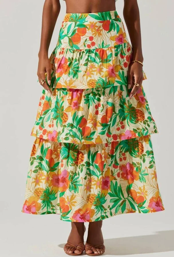 skirt ASTR Rooni Tiered Maxi Skirt In Orange Green Print - orange green print - Medium BeyondStyle $65.8