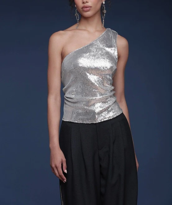 one shoulder top AVEC LES FILLES One-Shoulder Ruched Sequin Tank Top Avec Les Filles $44
