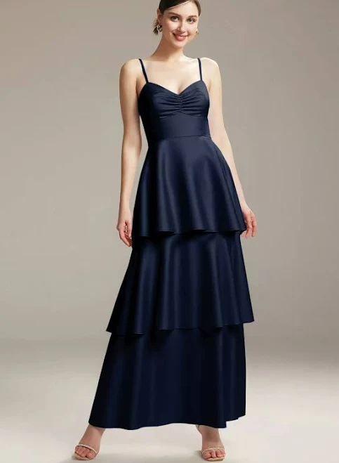 dress AW.Bridal A-line V-Neck Ankle Length Sleeveless Spaghetti Straps Satin Ruffles Tiered Bridesmaid Dresses Dress AW Bridal $89.99