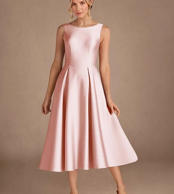 dress Azazie A-Line Boat Neck Tea-Length Stretch Satin Mother of the Bride or Azazie.com $149