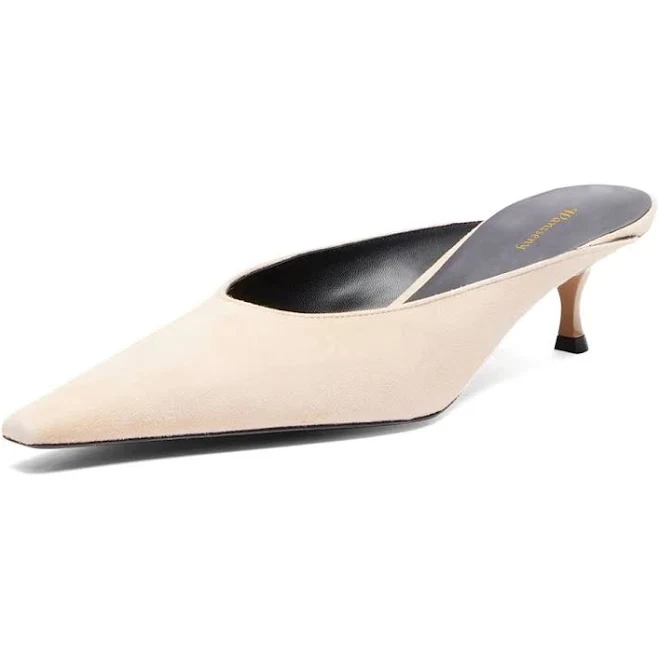 shoes Beige Pointed Toe Slip-On Kitten Heel Vegan Suede Mules Shoes Beige-4.5 nicepairs $106