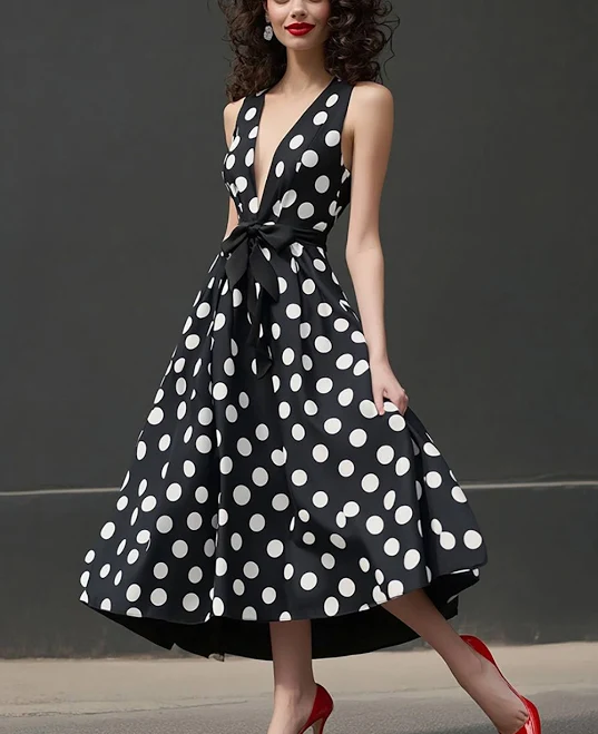 dress Berylove Women Black Polka Dot Dress White A Line V-Neck Midi Casual Dress BeryLove $116