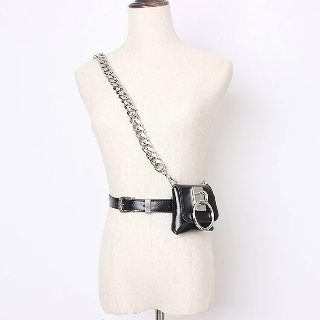 bag Black Faux Leather Belt Bag Streetwear Silver Chain Accessory Mini eBay - streetinstitute $35.6