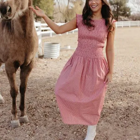 sundress Blaire Smocked Gingham Midi Dress Pink Desert $69.99