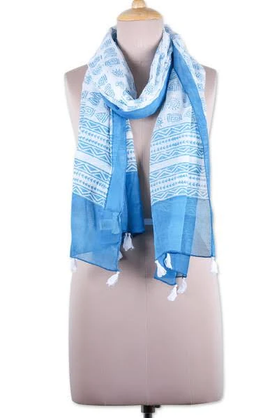 accessory Block-Printed Teal Cotton Scarf with White Tassels novica.com $39.99