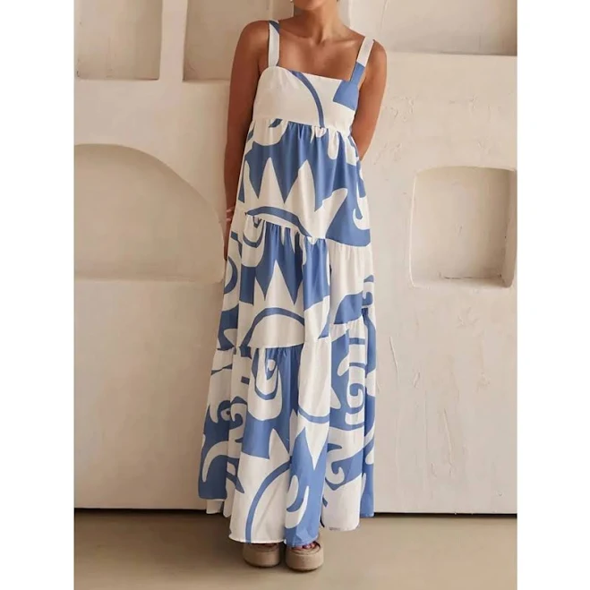 dress Blue and White Abstract Print Flowy Maxi Slip Dress with Tiered Skirt AliExpress $78.92