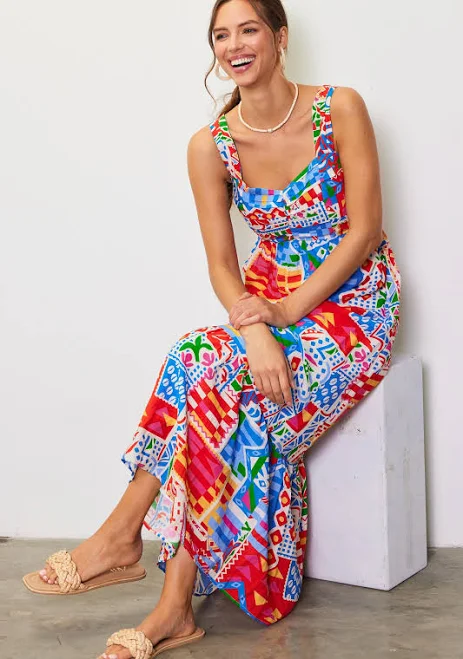 dress Blue Multi-Color Abstract Print Tiered Maxi Dress PinkBlush Maternity $48