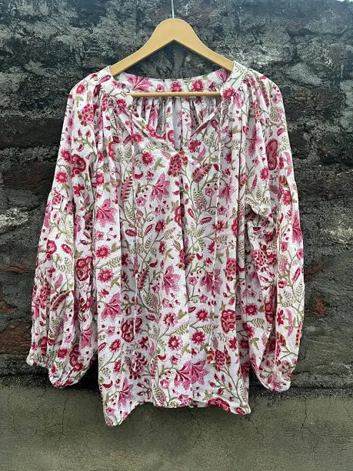 top Boho Peasant Floral Block Print Cotton Blouse with Long Sleeves Etsy - Seller $30