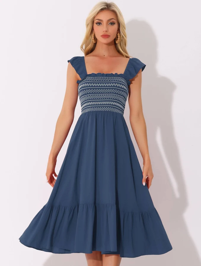 dress Boho Square Neck Ruffle Tiered Flowy Smocked Midi Dress Allegra K $50.99