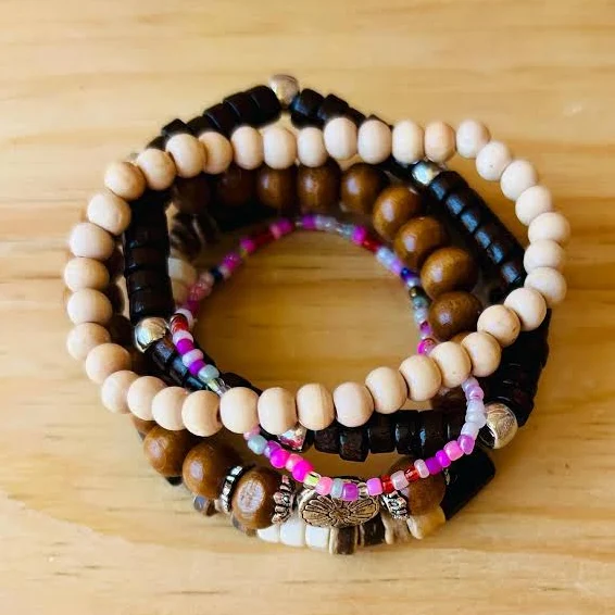 accessory Boho Wood Bead Stretch Bracelets with Flower Charm Etsy - StudioSteed $7