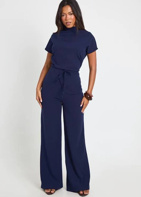 jumpsuit Boohoo Women's Crepe Grown On Neck Jumpsuit with Drawstring Waistband boohoo USA $33.6