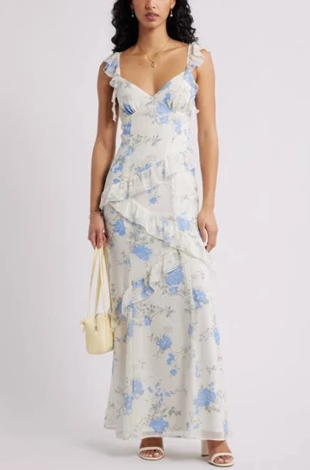 dress BP. Asymmetric Ruffle Tiered Maxi Dress in Ivory- Blue Bethany Floral at Nordstrom, Size X-Large Nordstrom $79.5