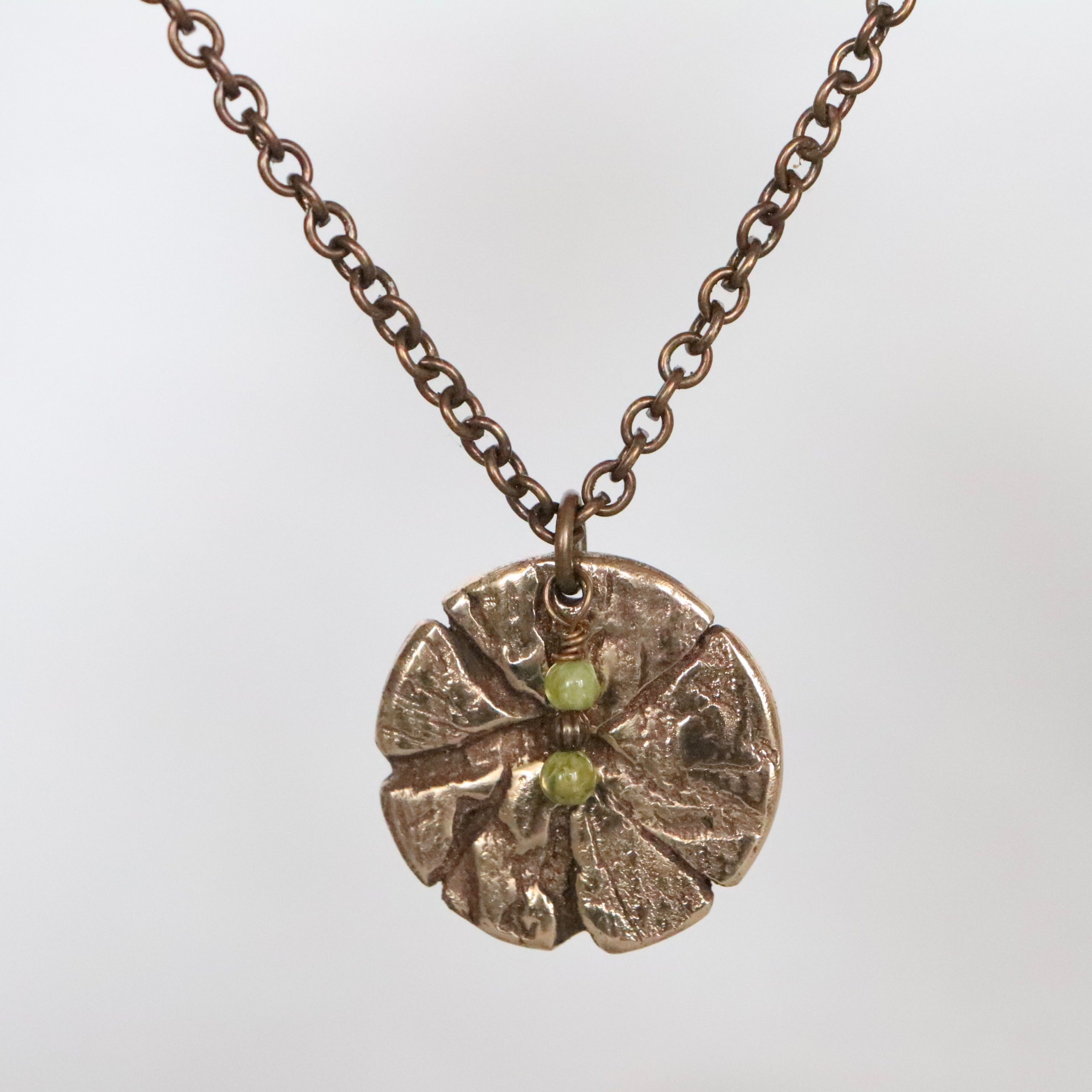 accessory Bronze Wood Round Necklace-Bronze/Gold & Peridot summitjewelrydesigns.com $65