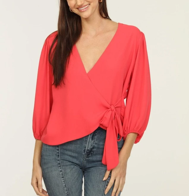 top Bubble Sleeve Wrap Blouse Veronica M $38