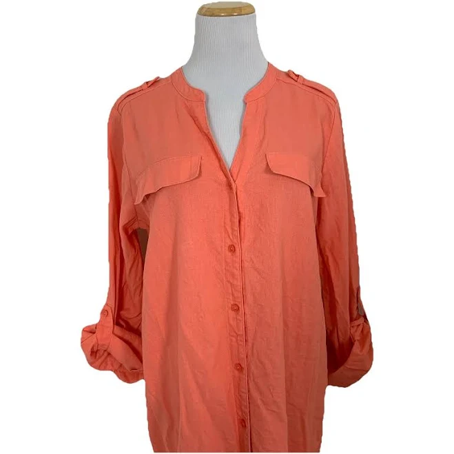 dress Calvin Klein Linen Blend Shirt Dress Women’s 10 Coral Roll Tab Sleeves eBay $24.99