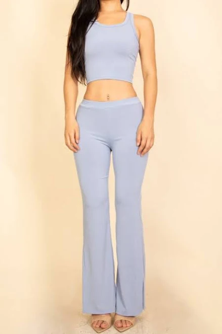 two piece set Capella Ribbed Sleeveless Crop Top & Flared Pants Set TheMogan $29