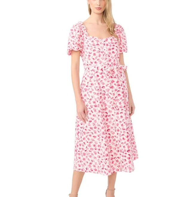 dress CeCe Women's Floral Puff Sleeve Cotton Midi Dress Macy's $97.3