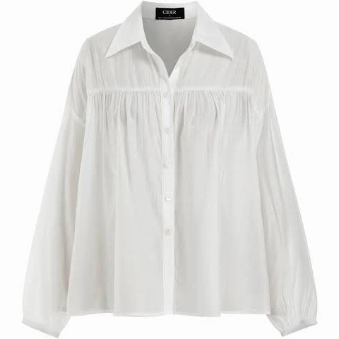 top Chiffon Puff Sleeve Sheer Draped Oversized Blouse Cider $27.9