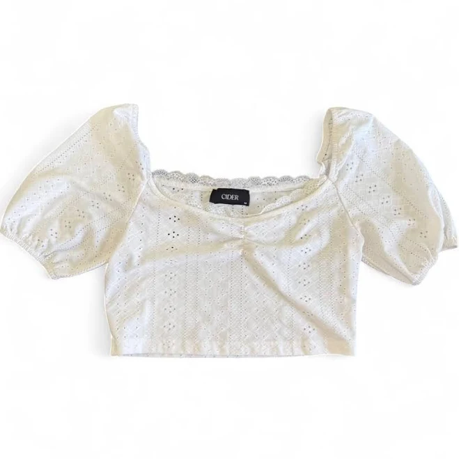 top Cider White Eyelet Crop Top With Puff Sleeves - Size M eBay $15