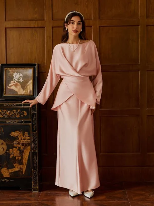 outfits CIDER Women's Satin Boat Neck Asymmetrical Hem Top & Maxi Skirt Set Elegant Daily Casual Outfit Cider $44