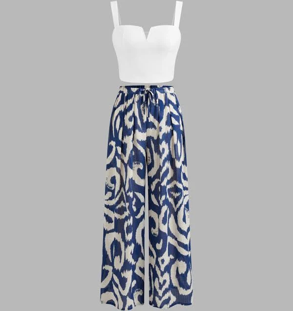 matching set CIDER Women's Summer Lightweight Woven Square Neck Crop Top High Rise Abstract Wide Leg Trousers Set Cider $39.9