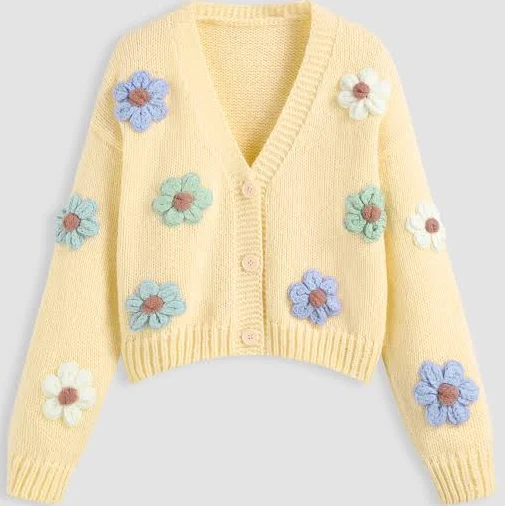 cardigan CIDER Women's V-Neck Floral Cropped Oversized Knit Button-Up Cardigan Cider $26.53