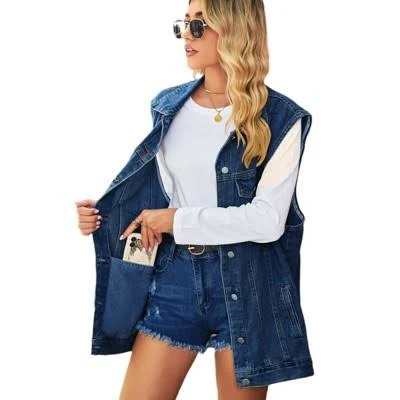 outerwear Coolmee Women's Oversized Mid Long Distressed Denim Vest Target $44.59