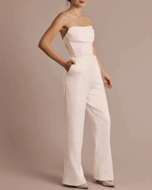 jumpsuit DB Studio Strapless Satin Jumpsuit with Illusion Back David's Bridal $189.99