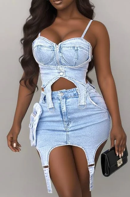 matching set Denim Two Piece Set with Bustier Garter and Cargo Skirt hotmiamistyles.com $39.99