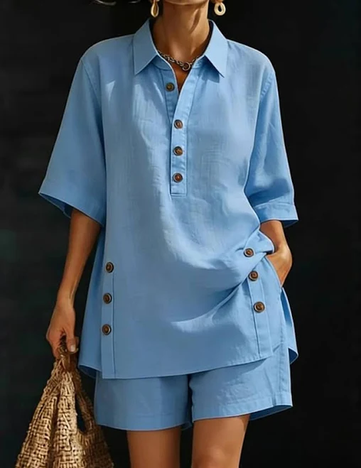 two piece set Ekouaer Women's Casual Linen Short Sleeve Shirt & Shorts Set Ekouaer $50.99